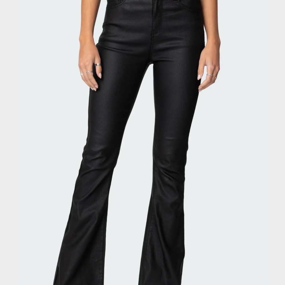 Edikted Luna Faux Leather Black Flare Jean in Small - Picture 2 of 6